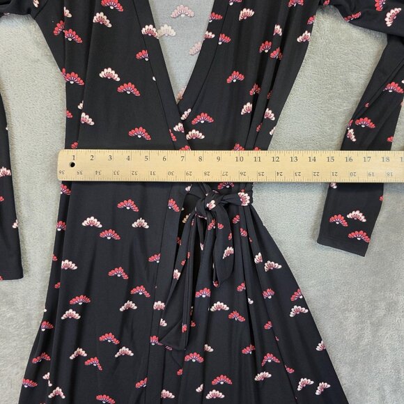 Ann Taylor Dress Womens 2 Black Floral Wrap V Neck Tie Waist Long Sleeve Jersey - Picture 11 of 12